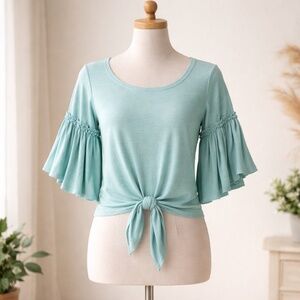 Coastal Feminine Aqua Ruffle Sleeve Tie Front Cropped Top